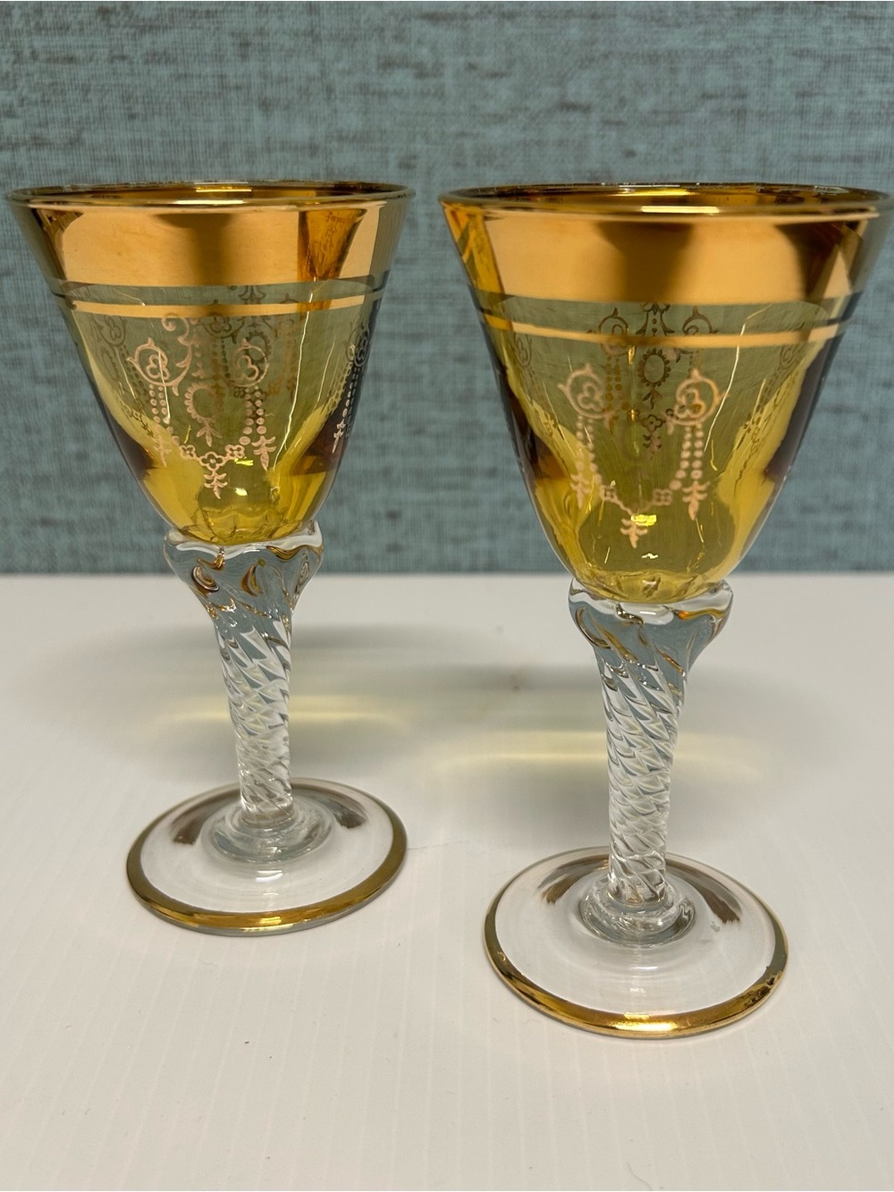 Vintage Amber Glass Cordial Glasses with Twisted Stems and Gold Trim - Set of 2,